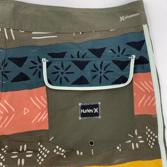 Hurley Green Orange Striped Board Shorts | Size 34 - Picture 3 of 7